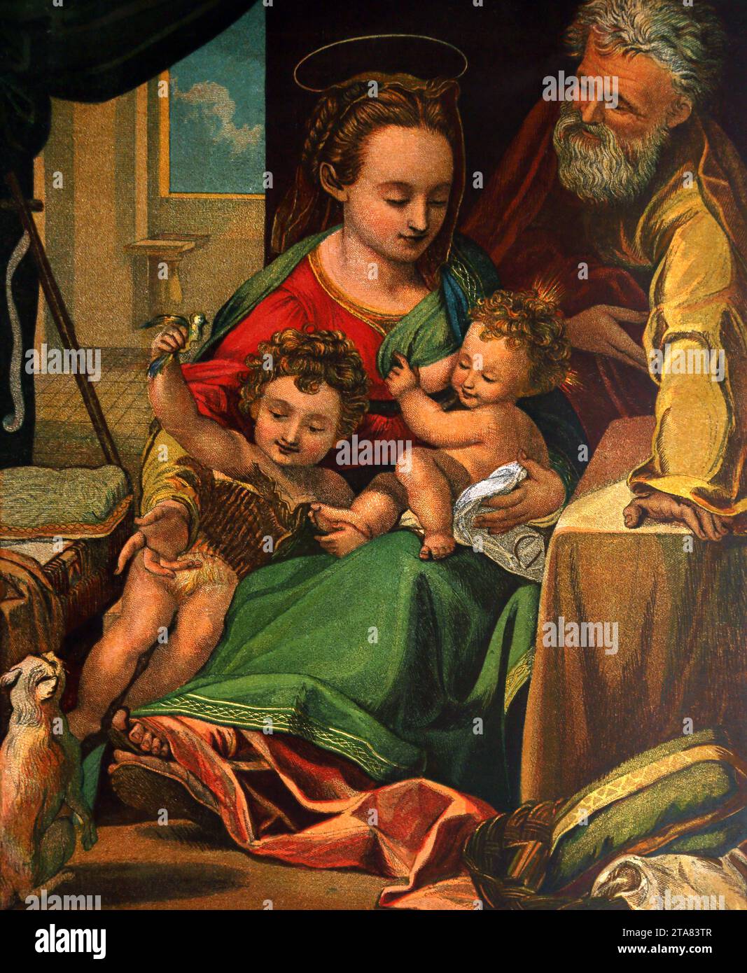 Illustrazione della Sacra famiglia e del giovane Giovanni Battista nuovo Testamento dal quadro di Boroccio nella Bibbia di famiglia illustrata Foto Stock