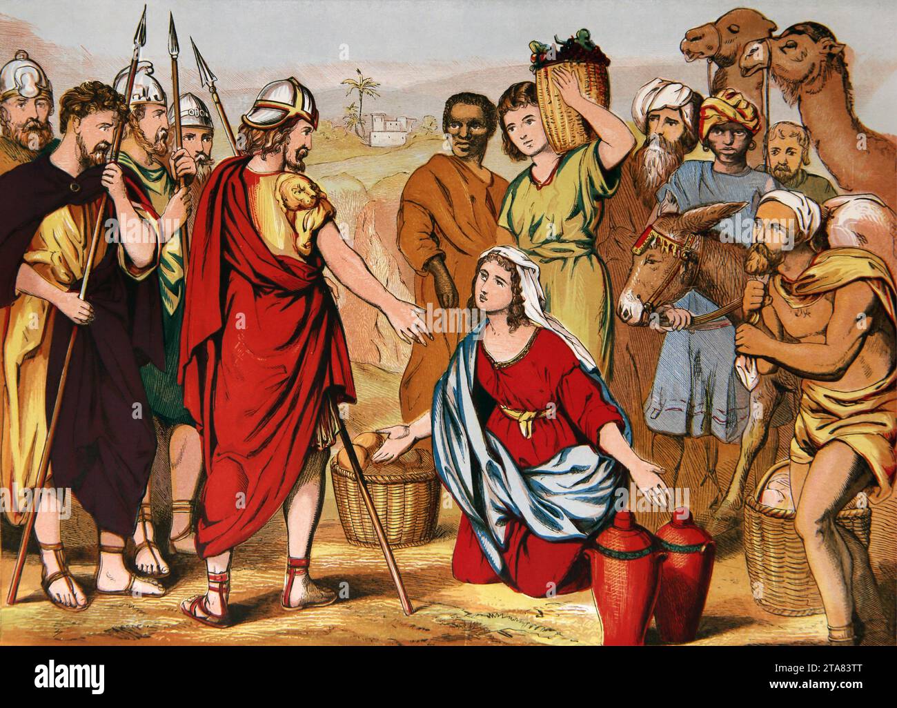 Abigail che si inchina davanti a Davide e offre pane, cibo e bestiame (Samuele) Foto Stock