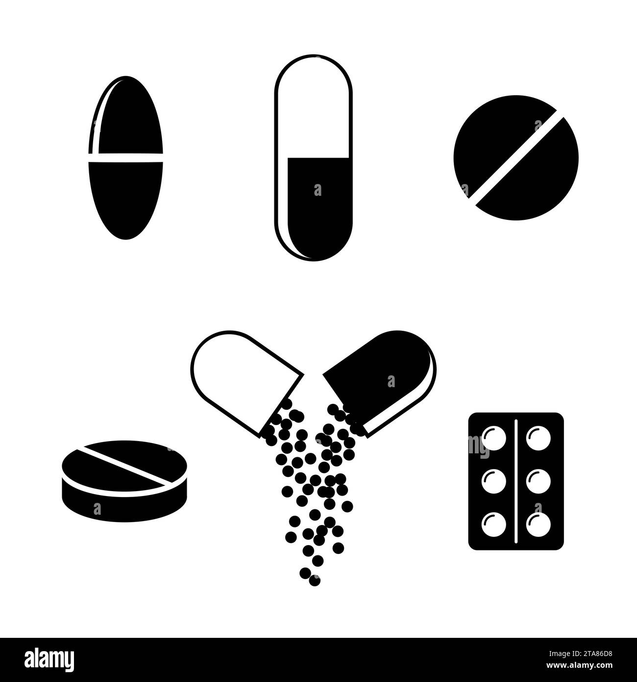 Set di icone pillole e capsule su sfondo bianco. Icone dei farmaci. Pillole blister antidolorifici, vitamine, antibiotici e aspirina. Farmacia Illustrazione Vettoriale