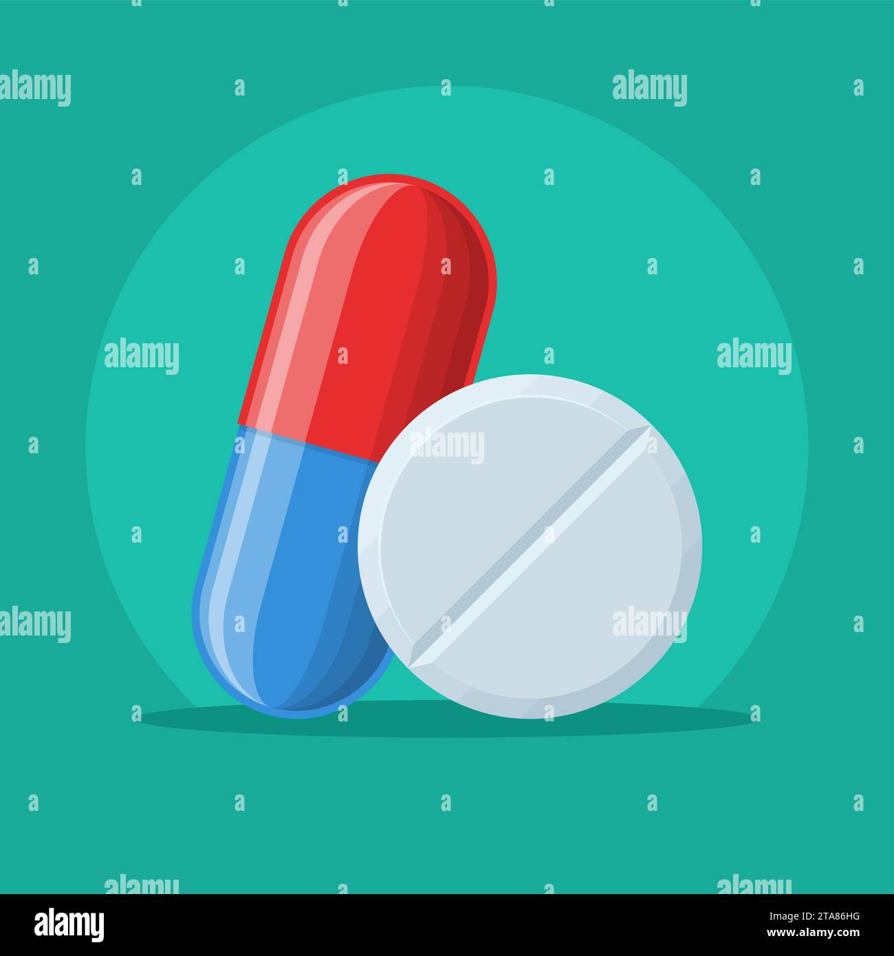 Pillole e compresse icona per il trattamento di malattie e dolore. Simboli di farmacia e farmaci. Icone della pillola. Illustrazione del vettore medico. Illustrazione Vettoriale