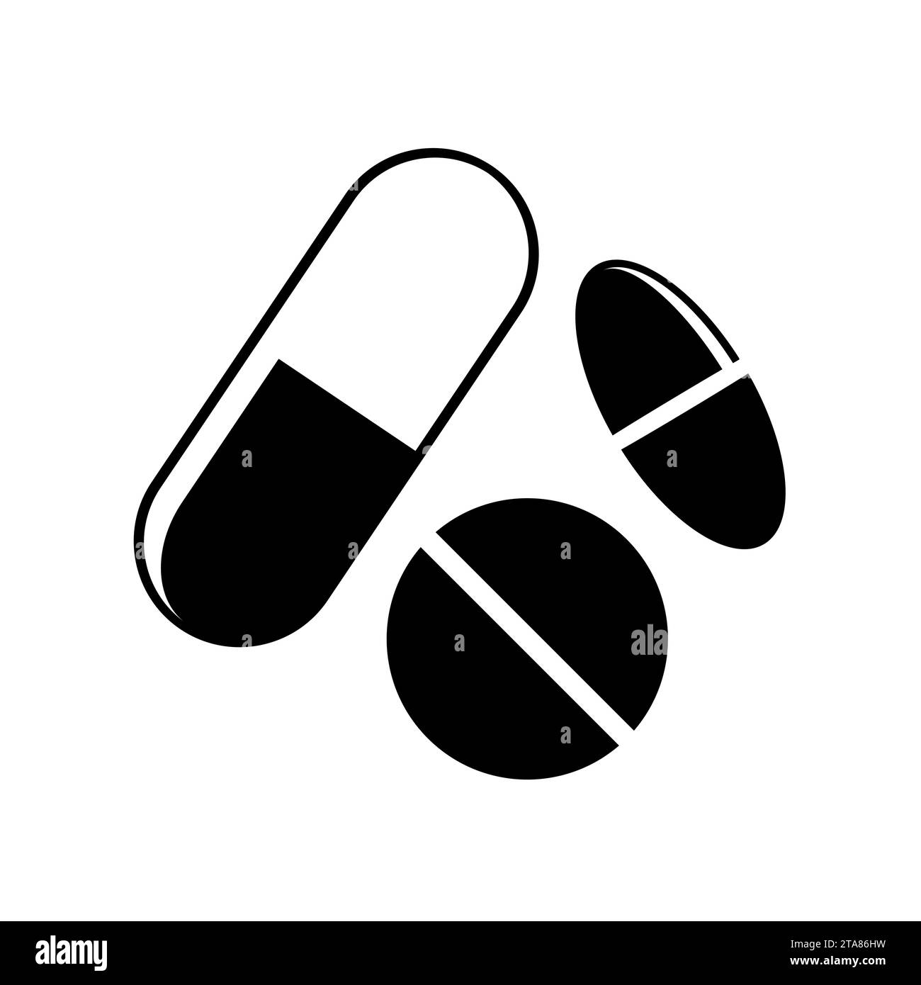 Pillole e compresse icona per il trattamento di malattie e dolore. Simboli di farmacia e farmaci. Icone della pillola. Illustrazione del vettore medico. Illustrazione Vettoriale
