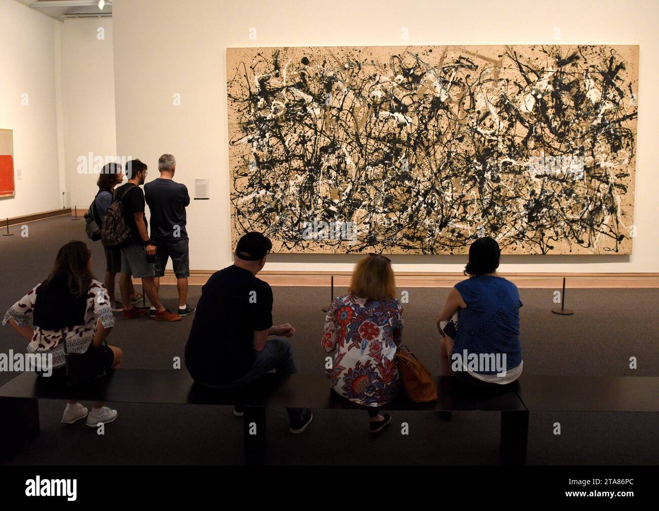 New York, Stati Uniti d'America - 26 maggio 2018: I visitatori guardano il dipinto Jackson Pollock nel Metropolitan Museum of Art di New York City. Foto Stock