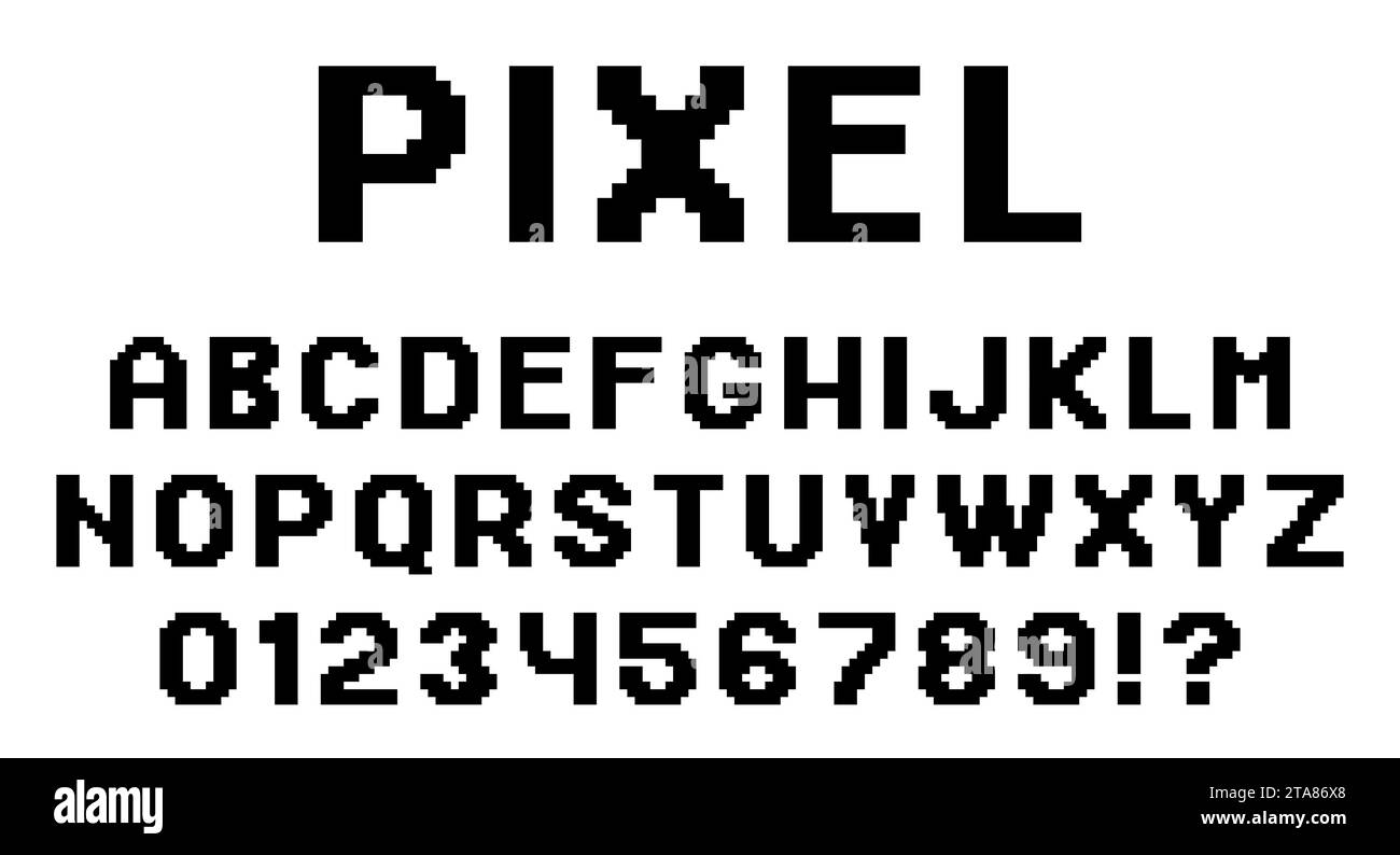 Lettere e numeri dell'alfabeto pixel impostati in stile retrò a 8 bit. Caratteri o caratteri tipografici moderni ed eleganti per il design di titoli o titoli come poster Illustrazione Vettoriale