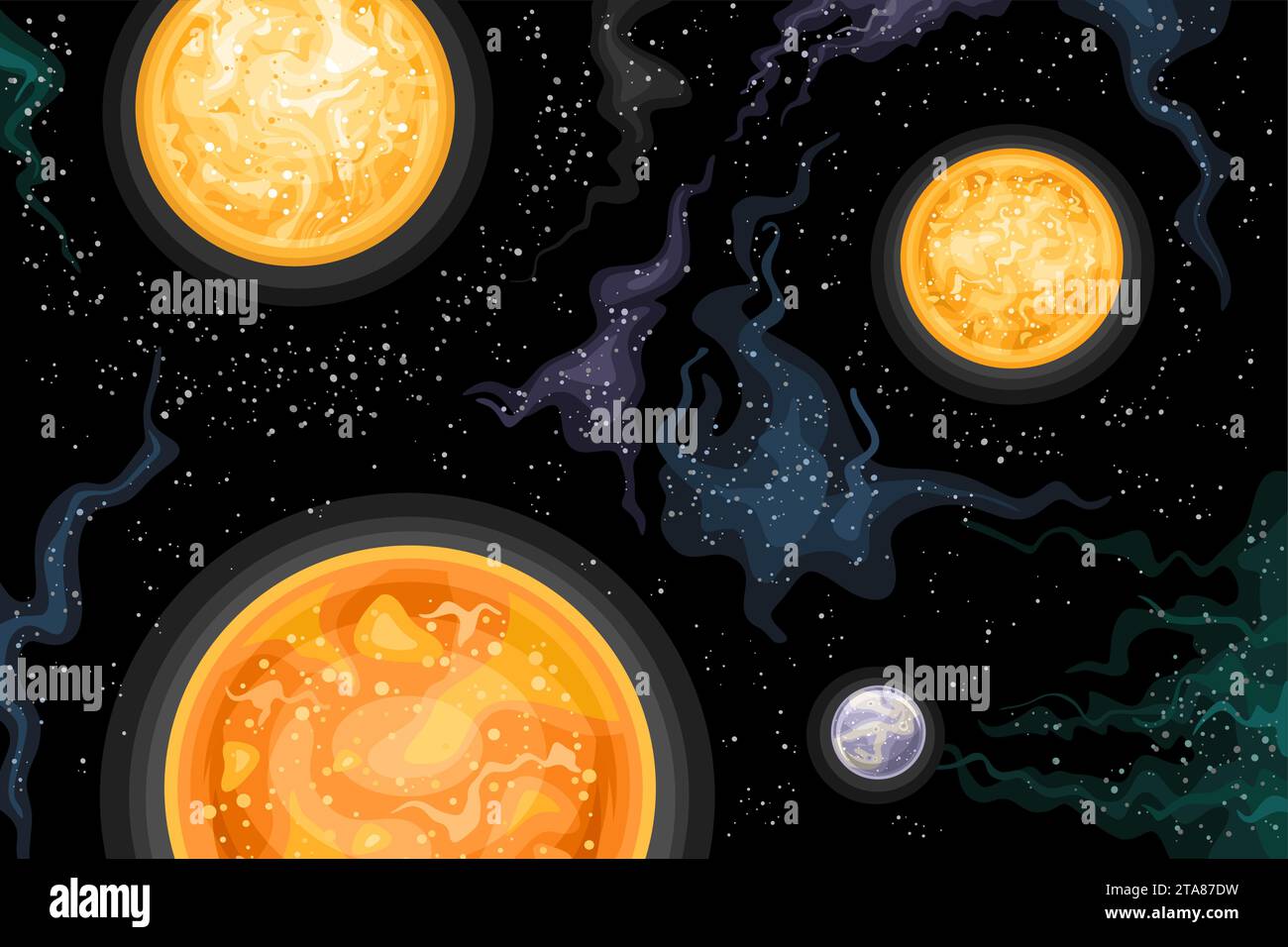 Illustrazione vettoriale di Alpha Centauri Stellar System, poster astronomico orizzontale con disegno di cartoni animati sistema fantasy a tre stelle nello spazio profondo, dic Illustrazione Vettoriale