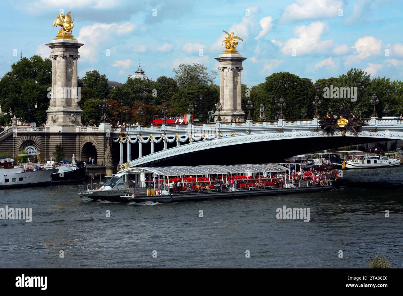 Motoscafo sul ponte Alexander III, Parigi, Francia Foto Stock