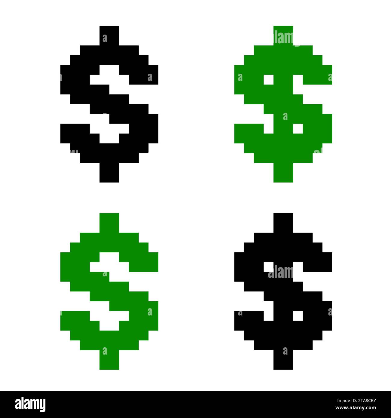 Set di simboli pixel Dollar diversi isolati su sfondo bianco. Icona del denaro illustrazione del vettore del segno di valuta. Illustrazione Vettoriale
