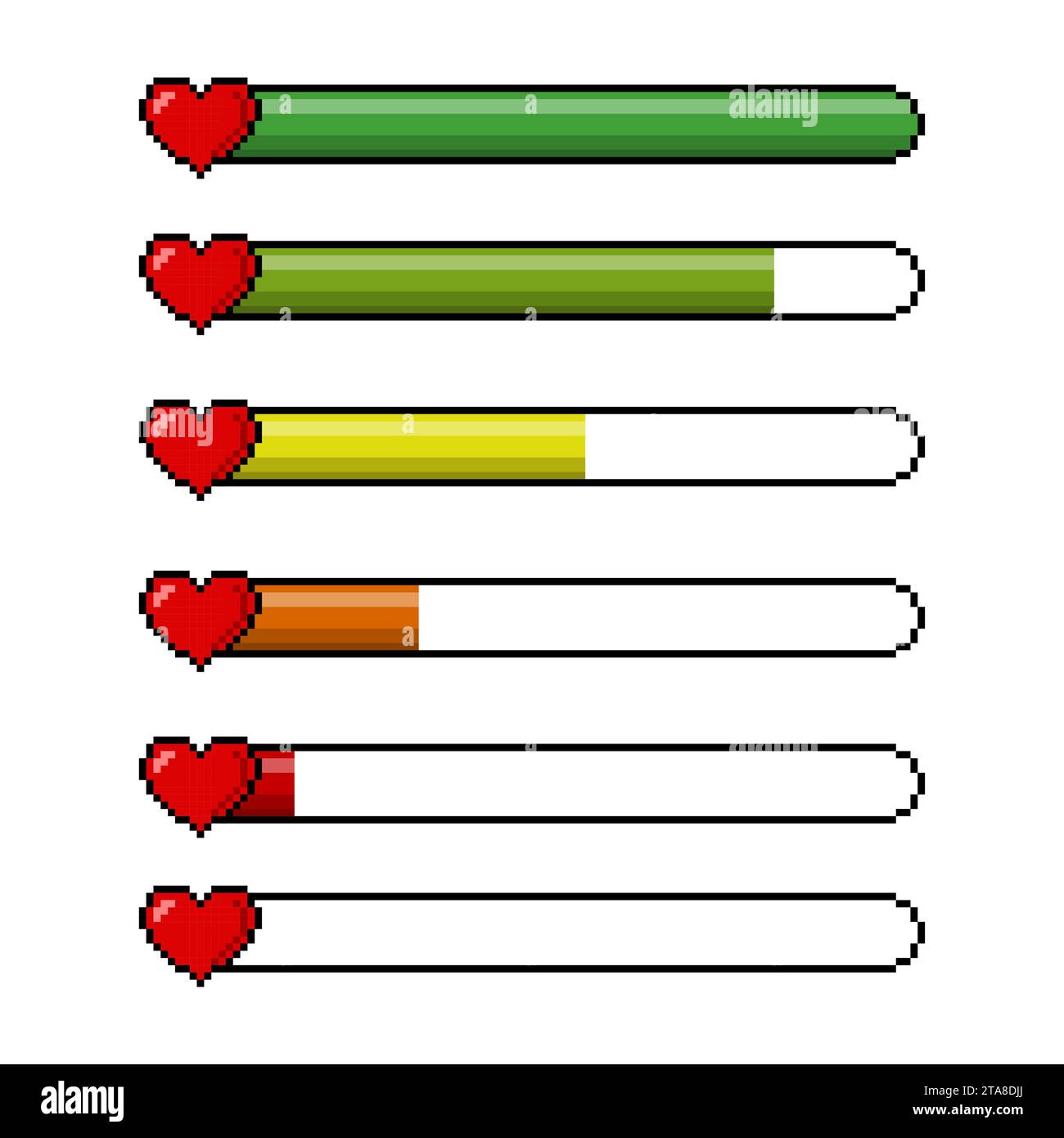 Cuori pixel rossi e indicatore di colore della scala di salute isolato su sfondo bianco. Set di icone della barra della vita del cuore di salute a 8 bit di pixel game. Controller di gioco Illustrazione Vettoriale