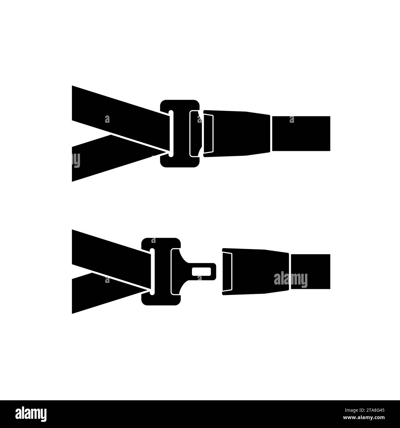 Icona cintura di sicurezza conducente e passeggero sbloccata e bloccata con dispositivo di fissaggio e cinghia nera su sfondo bianco. Cintura di sicurezza per la protezione. Illustrazione Vettoriale
