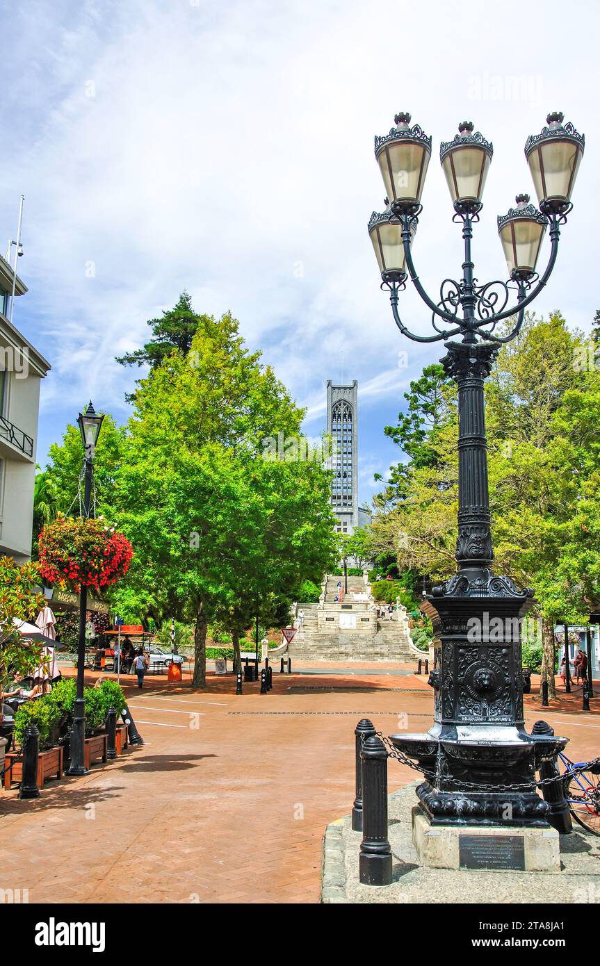 Lampione stradale e Christ Church Cathedral, Trafalgar Street, Nelson, Nelson Region, South Island, nuova Zelanda Foto Stock