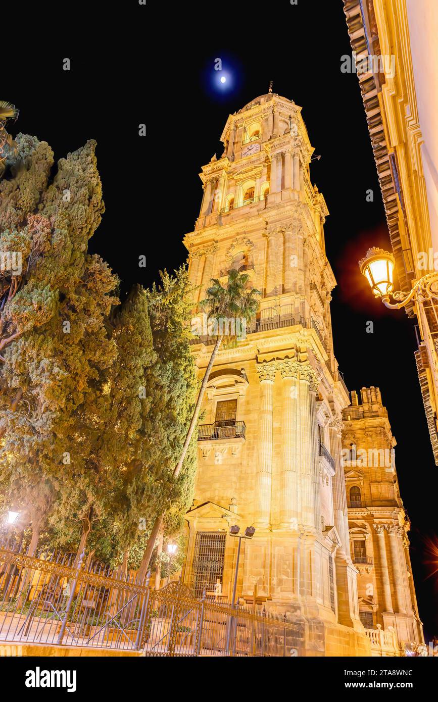 Campana della cattedrale di Málaga di notte, una chiesa cattolica romana nella città di Málaga in Andalusia, nel sud della Spagna. E' nel Rinascimento Foto Stock