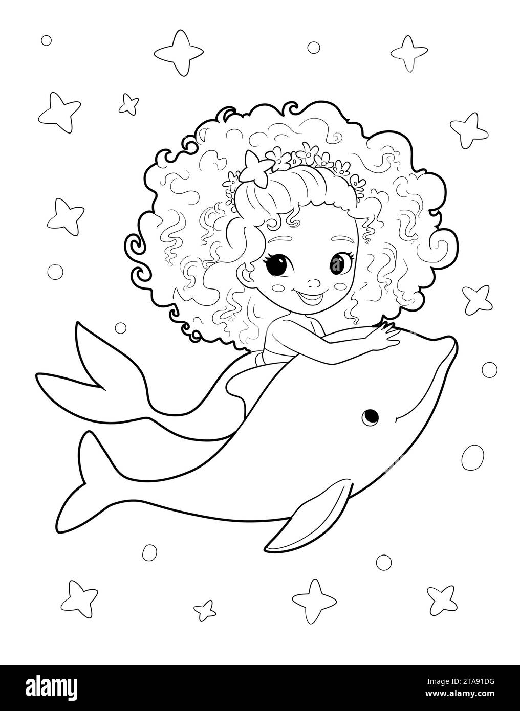 Graziosa ragazza nera, ragazza sirena e delfino. Illustrazione della pagina da colorare per il libro da colorare. Contorno vettoriale Illustrazione Vettoriale