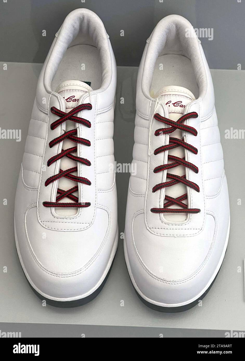 New York, New York, USA. 29 novembre 2023. Una veduta delle scarpe da ginnastica S. Carter 2003 ''˜White Green Red' più vendute per Reebok all'epoca, vista in mostra alla mostra ''˜the Book HOV' che racconta la vita dell'iconico rapper Shawn Carter universalmente conosciuto come Jay-Z Held the Brooklyn Public Library. (Immagine di credito: © Nancy Kaszerman/ZUMA Press Wire) SOLO USO EDITORIALE! Non per USO commerciale! Foto Stock