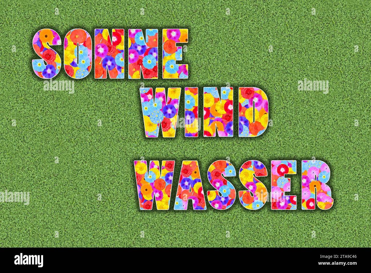 Parole tedesche Sonne, Wind, Wasser (sole, vento, acqua) scritte con fiori come simbolo di energia pulita Foto Stock