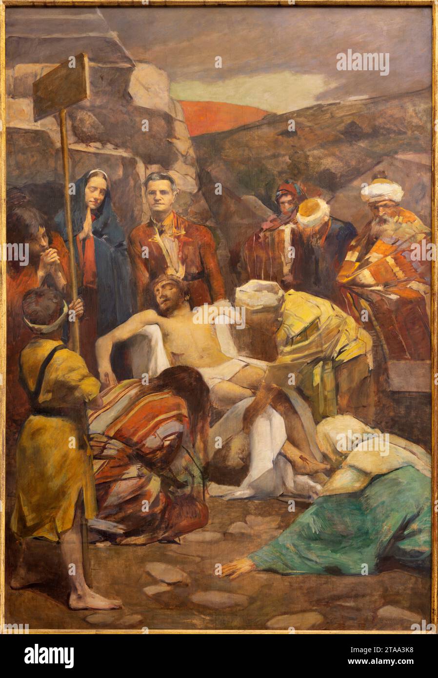 TREVISO, ITALIA - 8 NOVEMBRE 2023: Il dipinto sepoltura di Gesù come parte delle stazioni della via Crucis nella chiesa la Cattedrale di San Pietro Apostolo Foto Stock