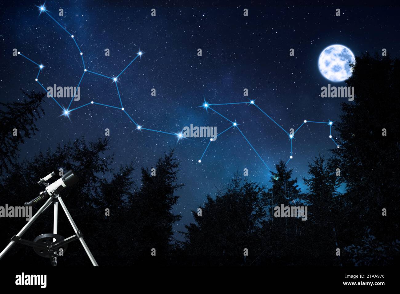Costellazioni diverse nel cielo stellato sopra la foresta nella notte di luna piena. Osservazione delle stelle con il telescopio Foto Stock