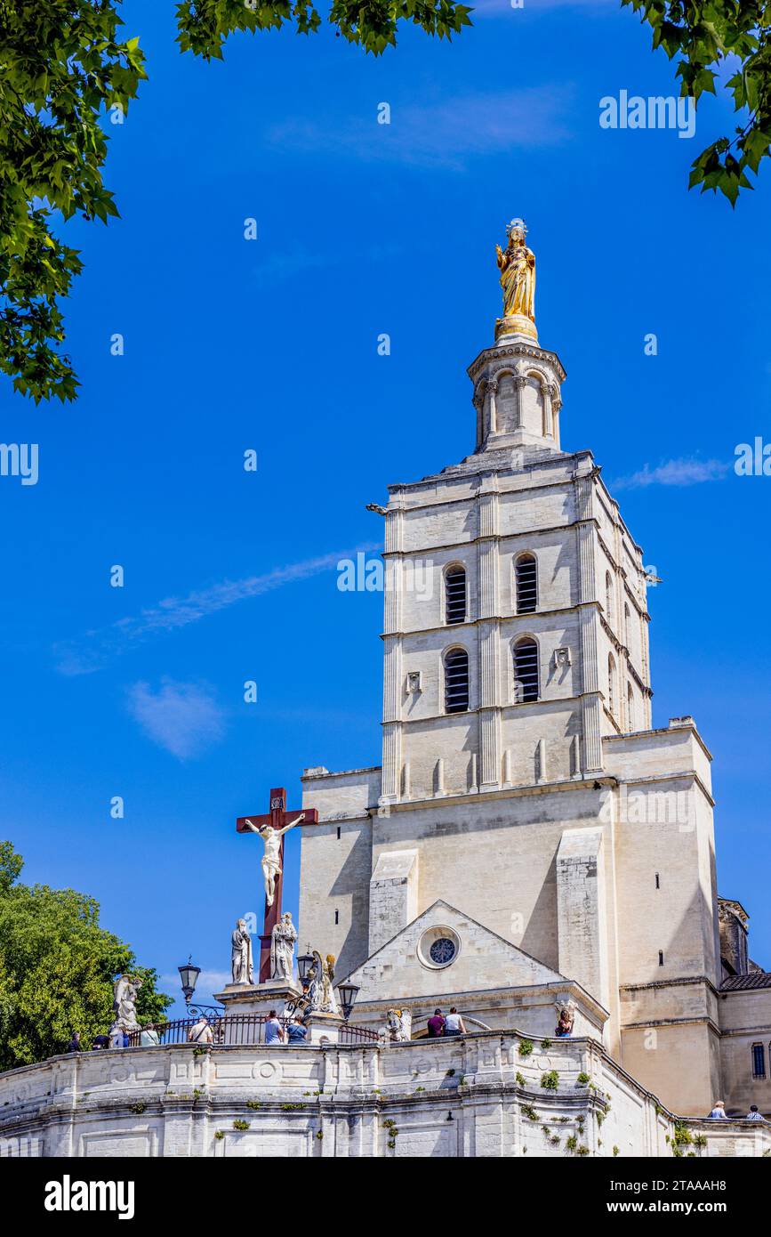 Statua in cima alla cattedrale, Avignone, Vaucluse, Francia Foto Stock