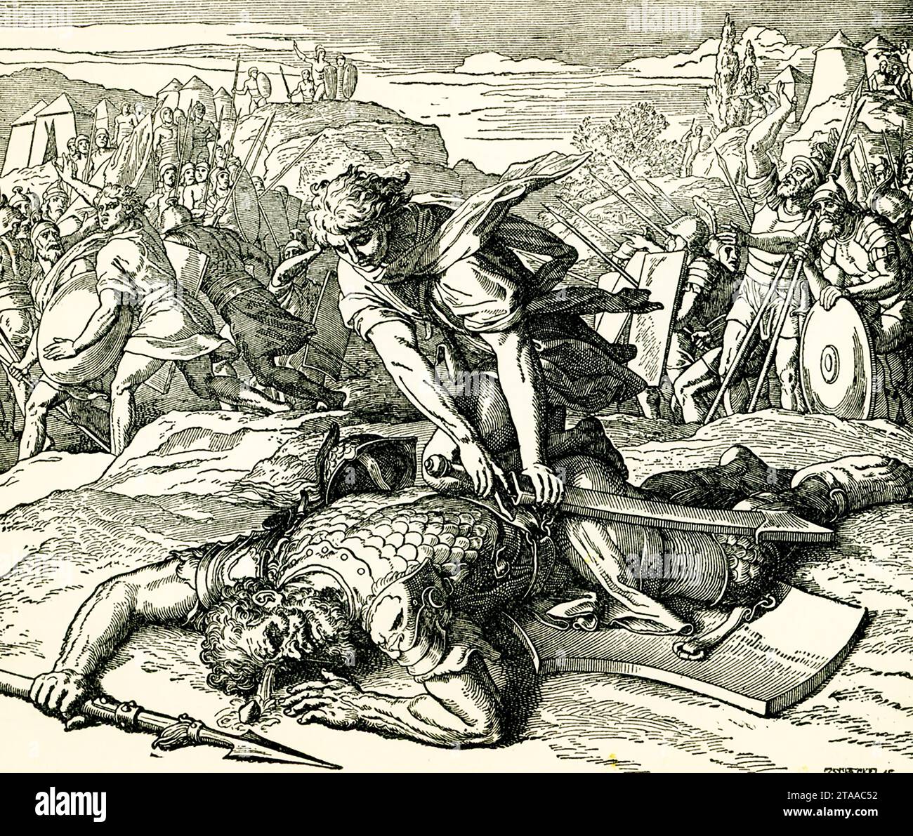 La didascalia del 1895 recita: "David uccide Golia". Armato solo di una fionda, Davide israelita raccolse una pietra da un letto del fiume e la gettò alla testa di Golia. Lo scopo di Davide era vero; la pietra colpì il gigante e lo uccise, spingendo i Filistei a fuggire. Gli Israeliti erano giubilanti. Foto Stock