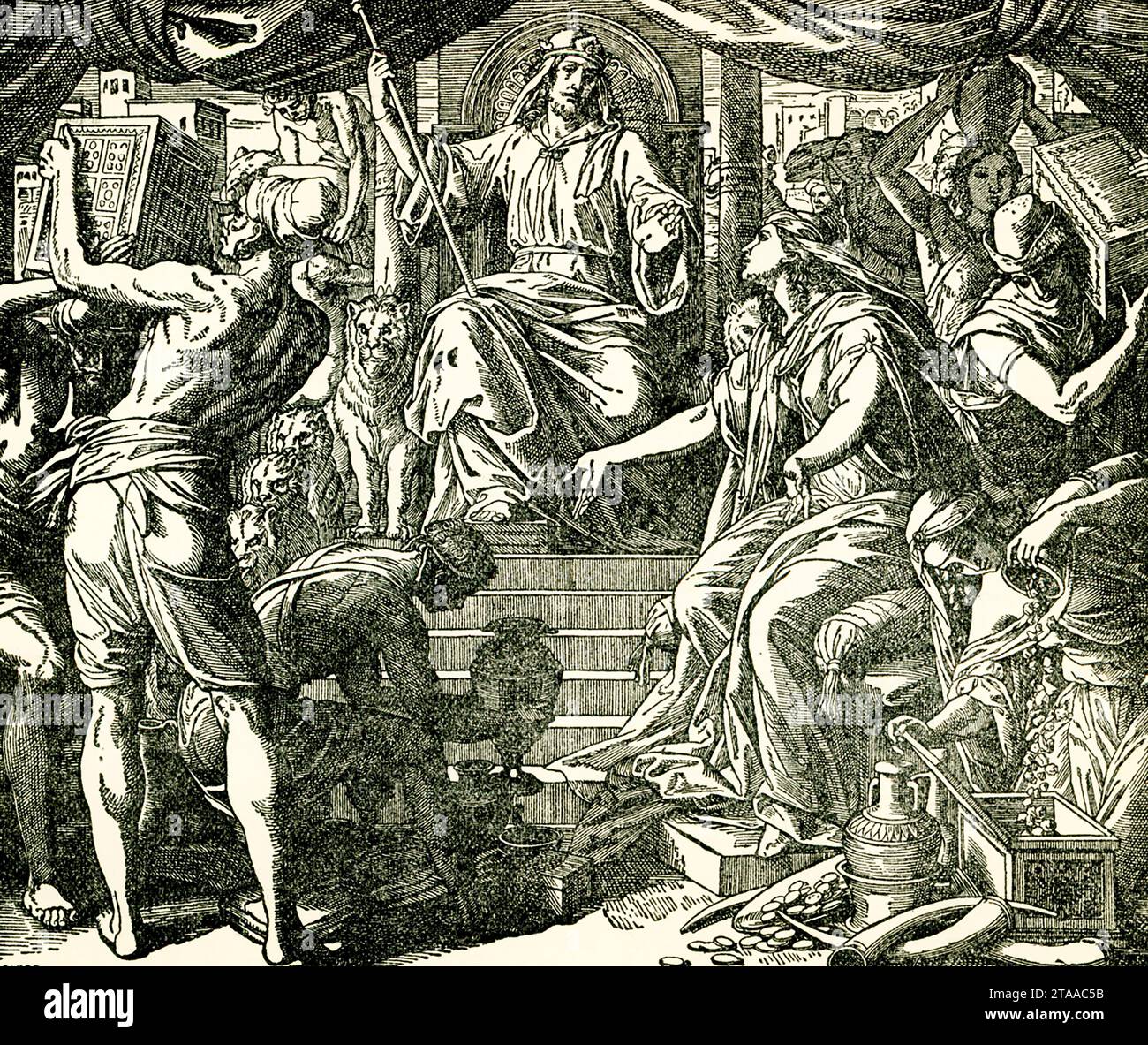 La didascalia del 1895 recita: "La regina di Saba visita il re Salomone". La regina biblica di Saba è una cercatrice di verità e saggezza e ha sentito che il re Salomone di Israele era un uomo molto saggio. Viaggiò a dorso di cammello fino a Gerusalemme per incontrarlo e testare la sua conoscenza con domande e enigmi. Ha portato con sé incenso, mirra, oro e preziosi gioielli. Foto Stock