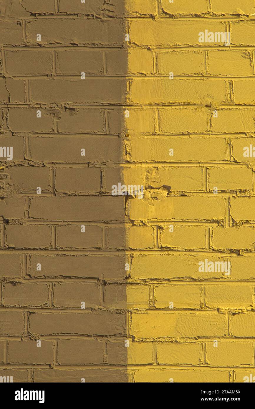 Due colori vernice Brick Wall Yellow Light Bright Vibrant e Dark Gray Abstract Design Wall texture facciata di sfondo. Foto Stock