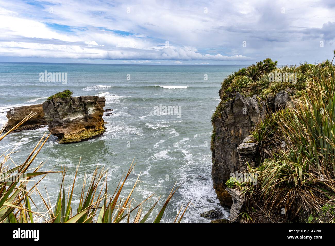 Viste di PancakeRocks e Blowholes dal lato occidentale dell'Isola Sud di New XZealands Foto Stock
