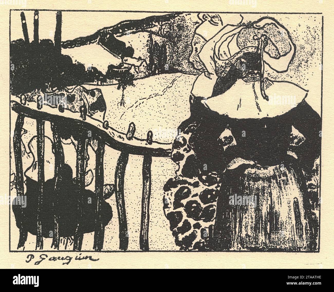 Litografia "Breton Women Beside a Fence" di Paul Gauguin, 1889. Eugene Henri Paul Gauguin (Parigi, 7 giugno 1848 – Parigi, 8 maggio 1903) è stato un artista francese. Inapprezzato fino a dopo la sua morte, Gauguin è ora riconosciuto per il suo uso sperimentale del colore e dello stile sintetista che erano distinti dall'Impressionismo. Verso la fine della sua vita, trascorse dieci anni nella Polinesia francese. I dipinti di questo tempo raffigurano persone o paesaggi di quella regione. Il suo lavoro fu influente sull'avanguardia francese e su molti artisti moderni, come Pablo Picasso e Henri Matisse, ed è ben noto per questo Foto Stock