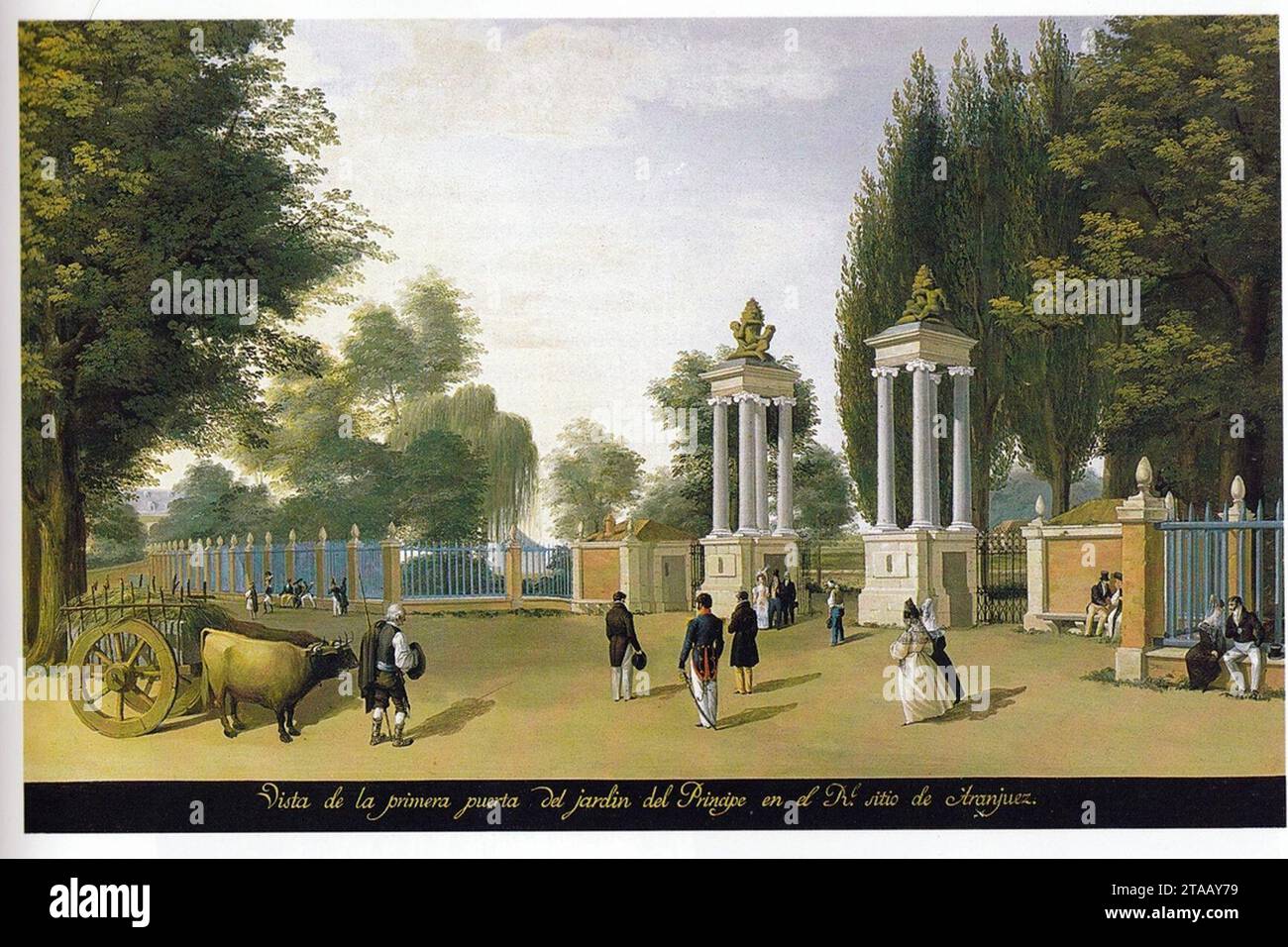 Vista de la primera puerta del Jardín del Príncipe en el Real Sitio de Aranjuez 1830 Fernando Brambila. Foto Stock