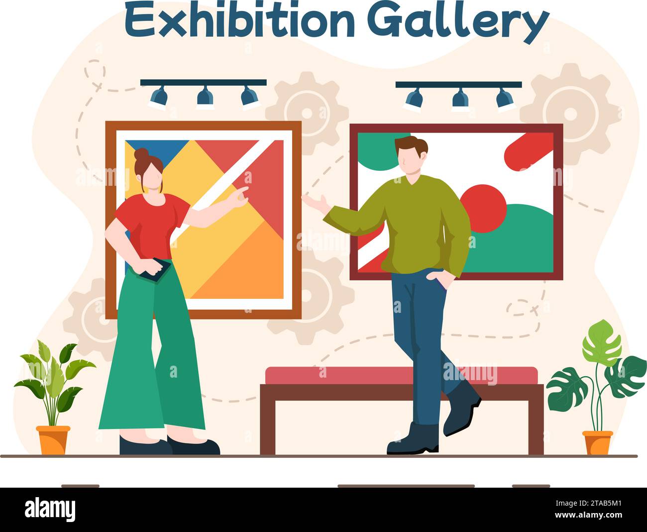 I visitatori della mostra visitano una galleria con pittura astratta moderna al Contemporary in Exposition Hall in Flat Cartoon background illustrazione vettoriale Illustrazione Vettoriale