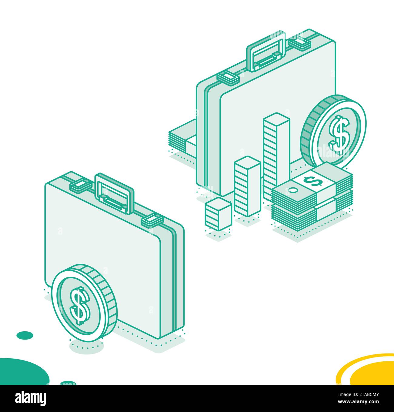 Valigetta aziendale con colonne, moneta da dollari e pila di dollari. Concetto di contorno isometrico. Illustrazione vettoriale. oggetti 3d. Illustrazione Vettoriale