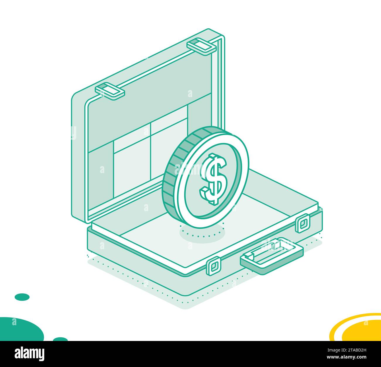Valigetta d'affari con moneta da dollaro. Concetto di contorno isometrico. Illustrazione vettoriale. oggetto 3d. Illustrazione Vettoriale
