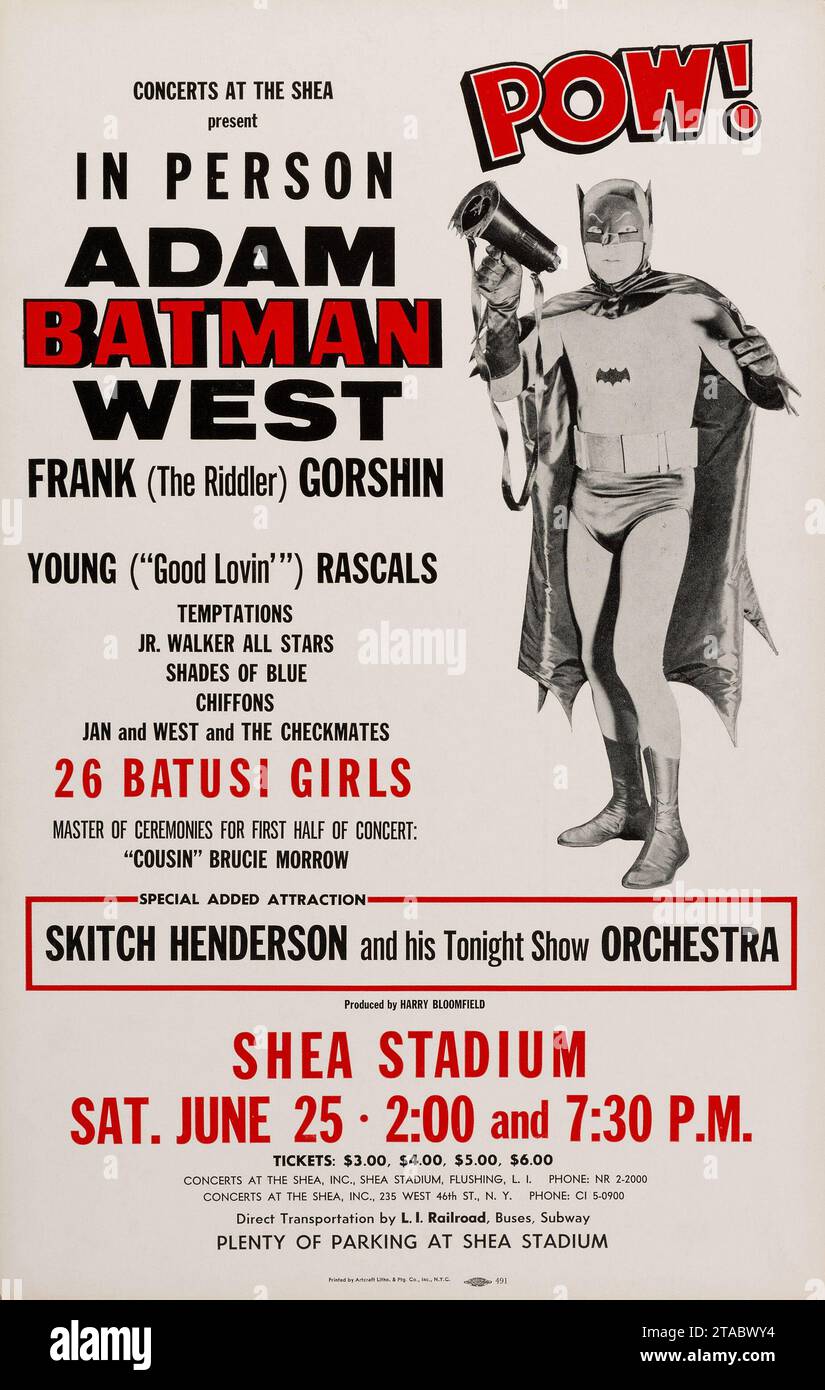 Batman - di persona, Adam West, Young Rascals, Temptations - poster dei concerti dello Shea Stadium (concerti presso gli Shea Presents, 1966) Foto Stock