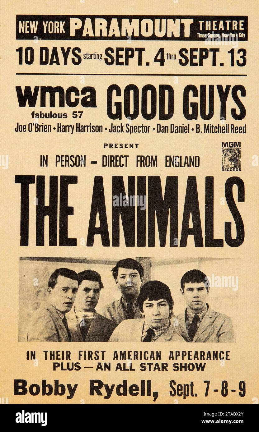 The Animals, 7, 8, 9 settembre 1964 Flyer for First-Ever American Concerts, New York Paramount Theatre Foto Stock