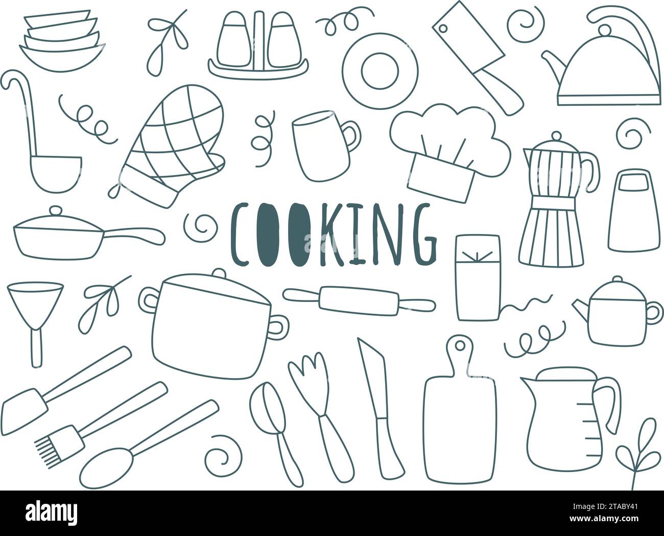 Set da cucina in stile doodle. Utensili da cucina disegnati a mano per cucinare. Semplice clip art per stoviglie a linea di inchiostro. Stoviglie e utensili da cucina Illustrazione Vettoriale