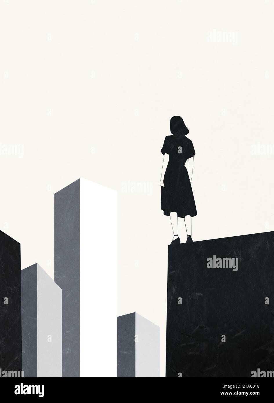 donna ai margini della costruzione, obiettivo, successo, speranza aziendale, depressione ansia, contesto del concetto, Foto Stock