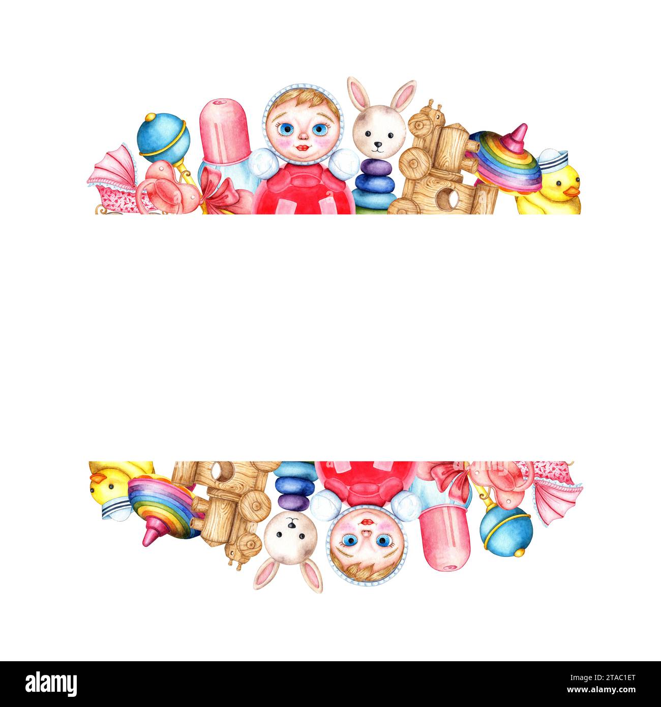 Illustrazione ad acquerello di una cornice di giocattoli per bambini. Isolato su bianco. Motivi per tessuti tessuti tessuti per neonati, carta da parati, carta da imballaggio, packagi Foto Stock