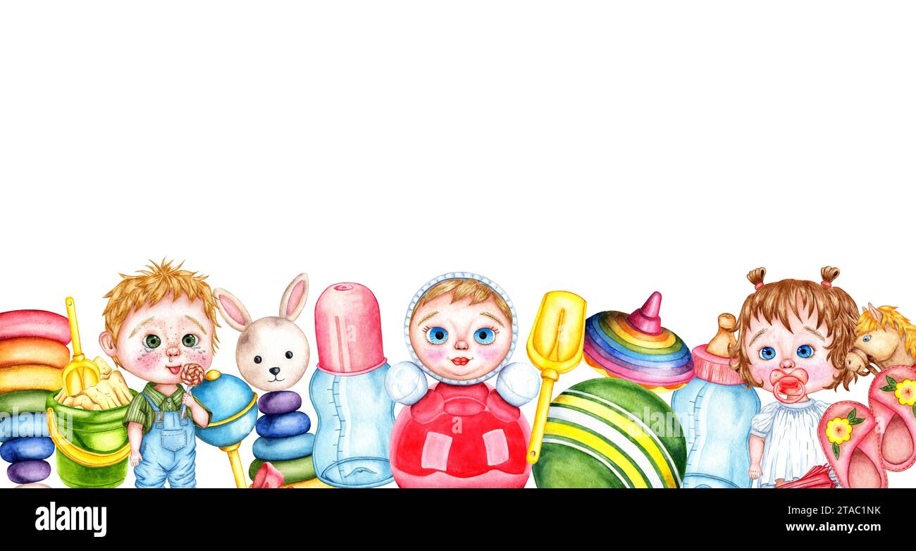 Illustrazione ad acquerello della struttura dei giocattoli per bambini sottostante. Isolato. Motivi per tessuti tessuti tessuti neonati, carta da parati, carta da imballaggio, desi Foto Stock