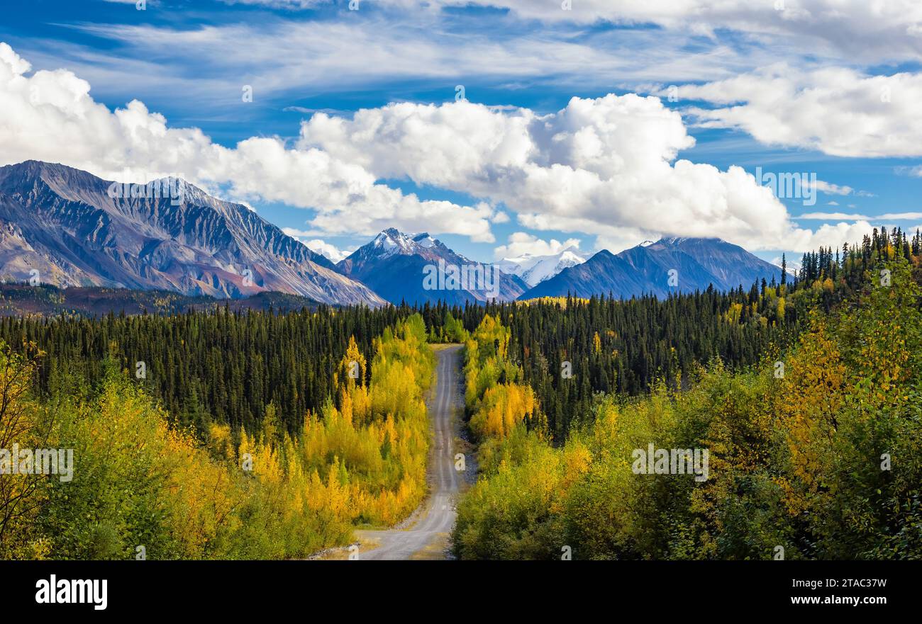 Nabesna Road e i monti Nutzotin, Wrangell-St Elias National Park, Alaska Foto Stock