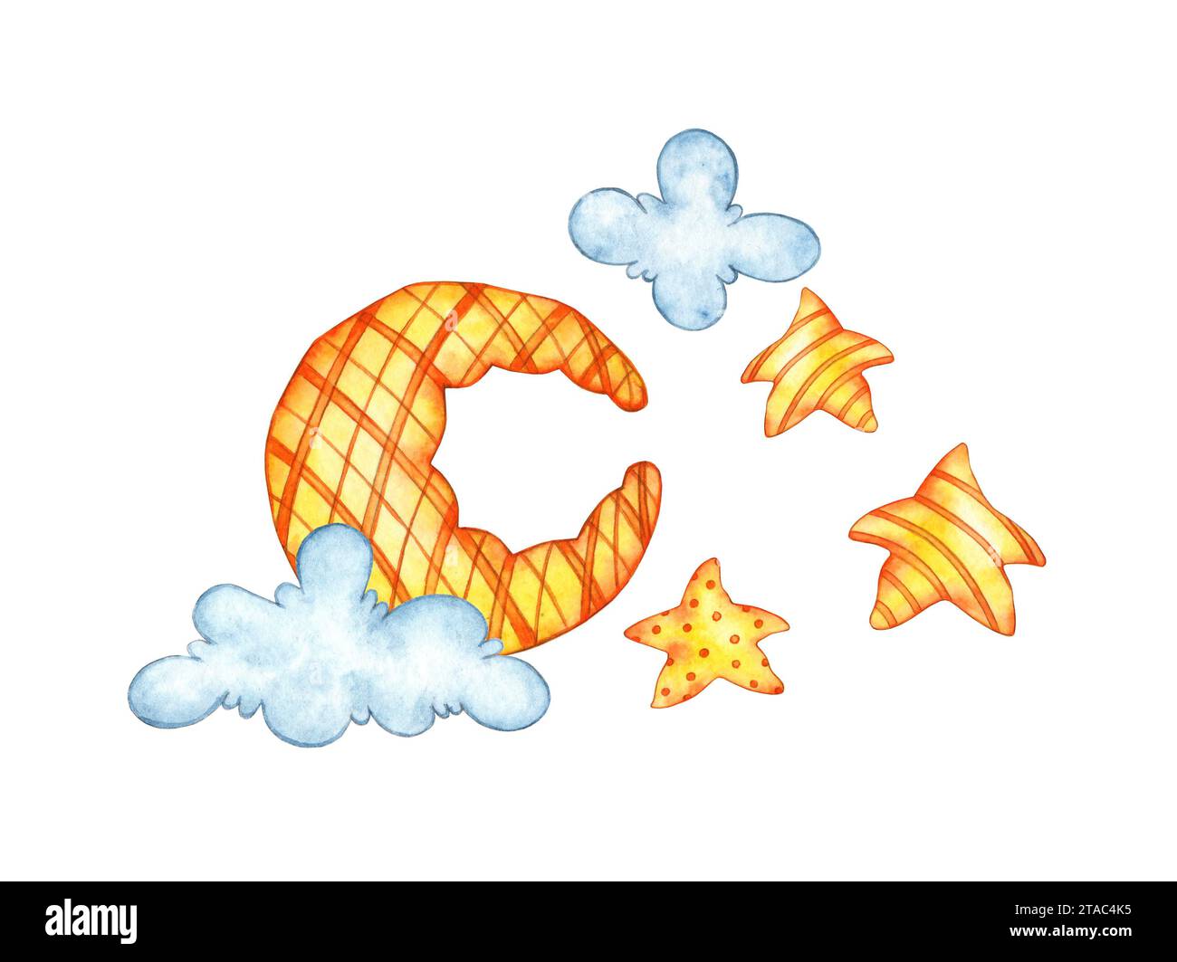 Illustrazione ad acquerello del disegno del bambino di stelle arancioni nuvole lunari isolate su sfondo bianco. Concept di design per poster, cartoline, striscioni, abbigliamento Foto Stock