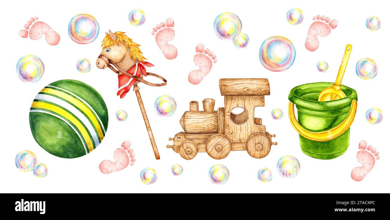 Illustrazione ad acquerello di un set di giocattoli per bambini: Palla verde, cavallo, trenino in legno, secchio, impronta e bolle di sapone. Motivi per il coagulo dei bambini Foto Stock