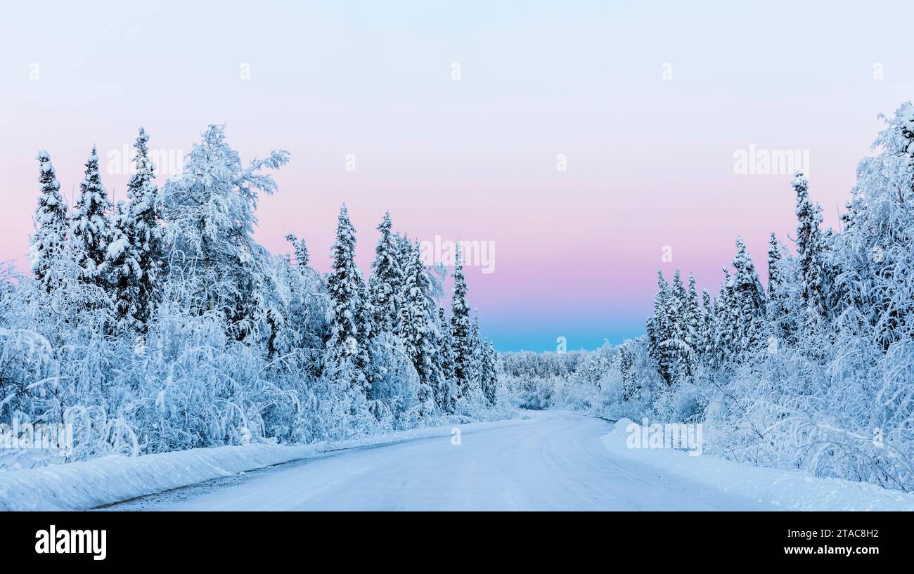 Strada all'alba in inverno, Alaska Foto Stock