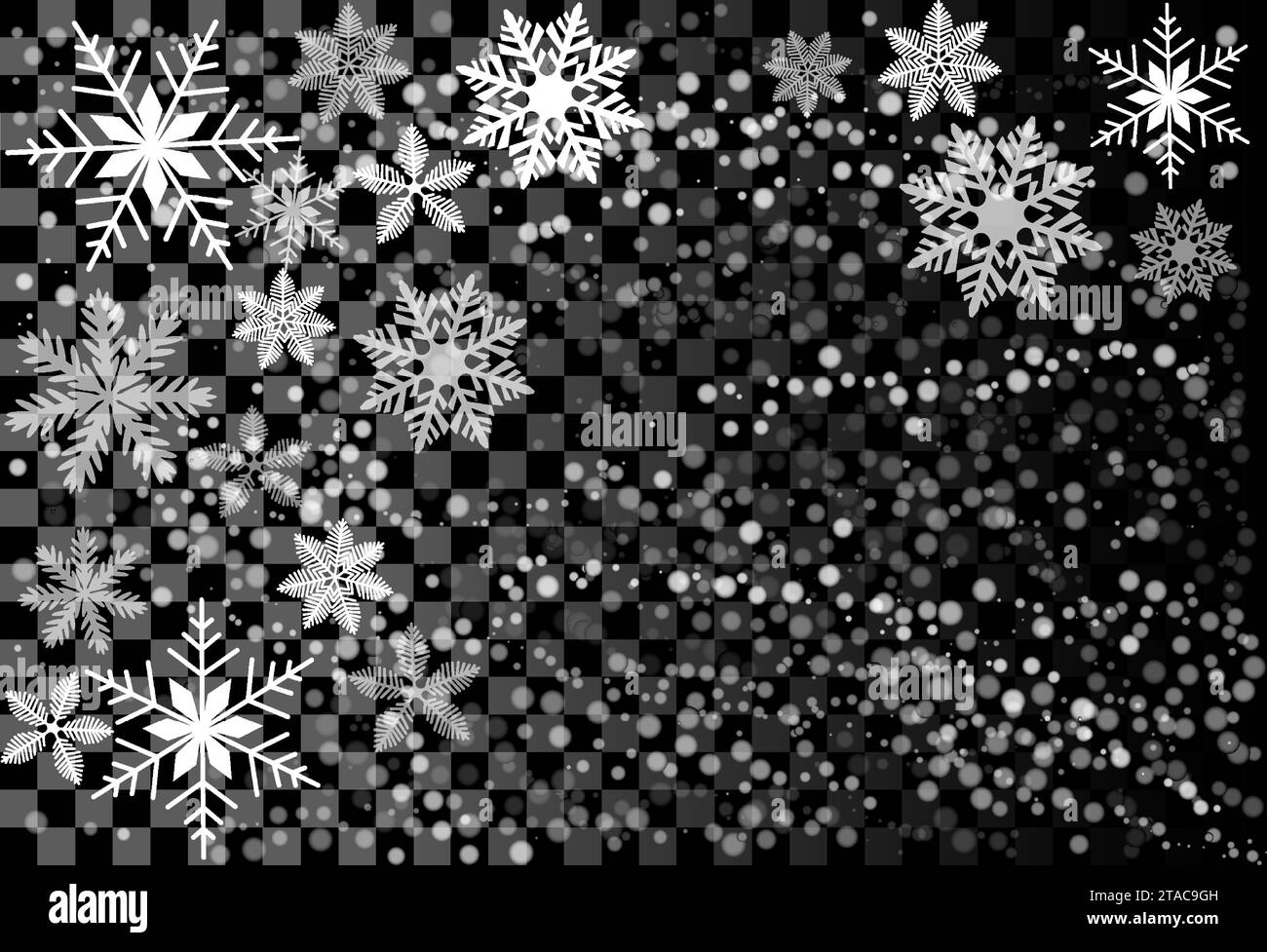 Illustrazione di una graziosa caduta di fiocchi di neve. Granuli congelati speck invernali. Sfondo trasparente color tè bianco nevoso cielo. Fiocchi di neve sparsi a dicembre Illustrazione Vettoriale
