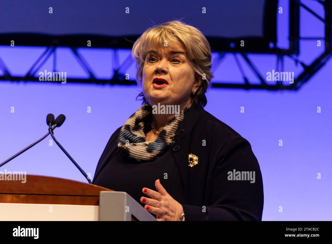 Edimburgo, Regno Unito. 30 novembre 2023 nella foto: Provost and Vice-Principal of Heriot-Watt University Dubai, Dame Heather McGregor tiene un discorso alla conferenza dal titolo How Scotland's Education Sector CAN power a growth economy. Il think tank, Our Scottish Future, istituito dall'ex primo ministro Gordon Brown, tiene una conferenza dal titolo Better Jobs, Better Skills, Better Pay presso l'EICC di Edimburgo. Crediti: Rich Dyson/Alamy Live News Foto Stock