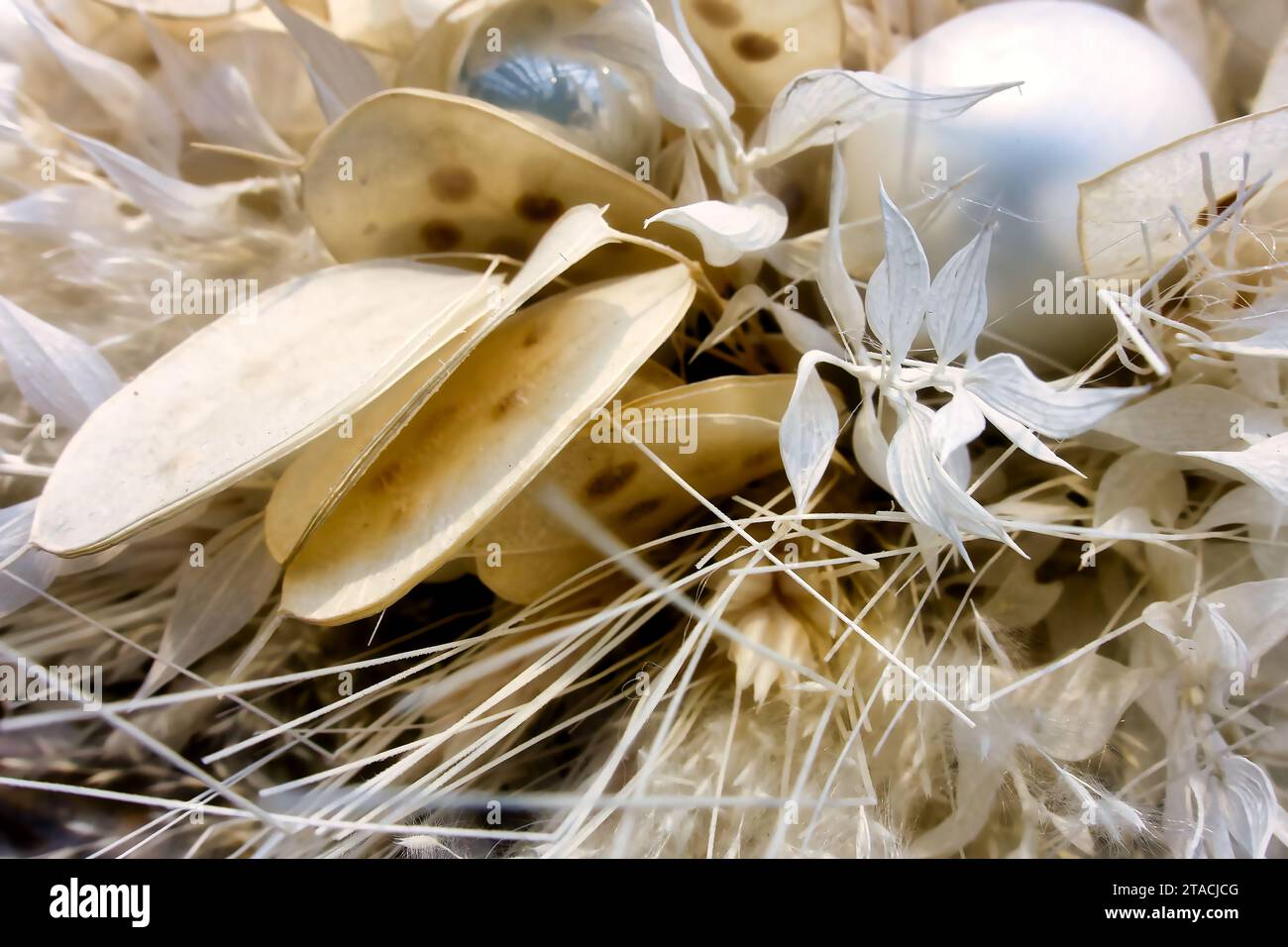 Una struttura decorativa con vari ingredienti adatti, ad esempio, a Natale o ad altre celebrazioni, a immagini ravvicinate Foto Stock