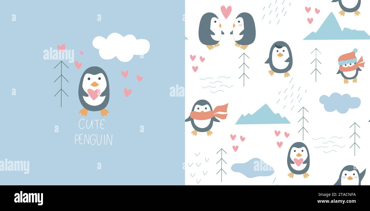 Graziosi pinguini dell'Antartide senza cuciture. Sfondo e cartolina divertenti personaggi per bambini. Uccelli del nord disegnati a mano tra le banchine di ghiaccio Illustrazione Vettoriale
