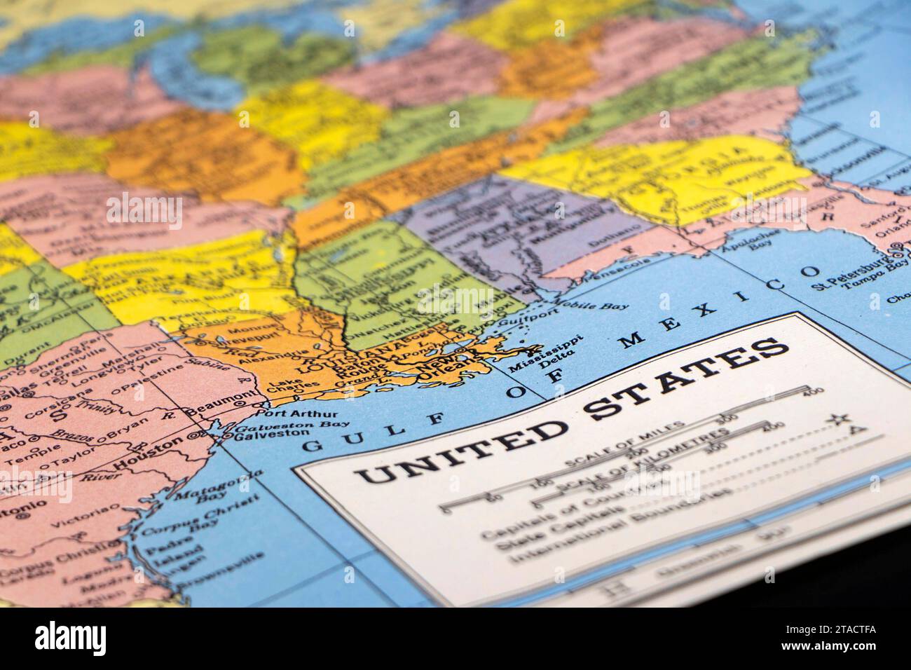 primo piano di una mappa in stile vintage degli stati uniti d'america che mostra il golfo del messico Foto Stock