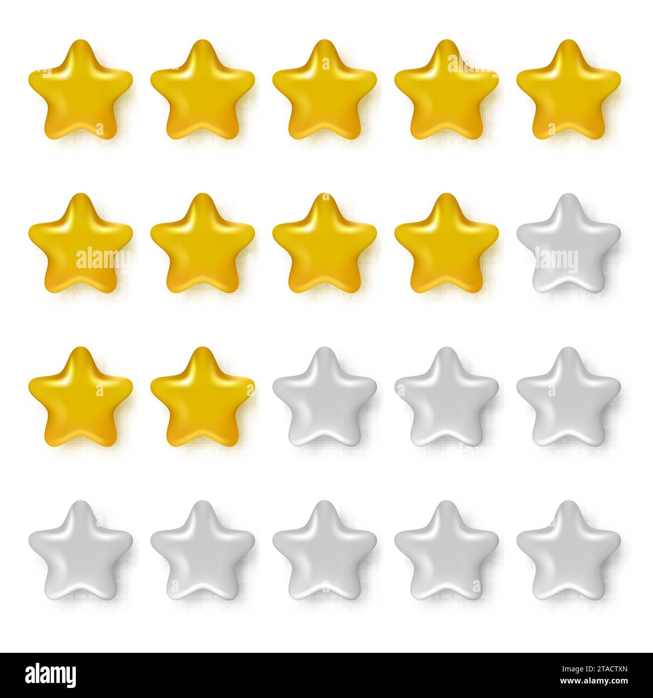 Icone di valutazione 3d realistiche. Elementi di design Vector in plastica lucida per app e siti Web. Cinque stelle d'oro e d'argento, valutazione del prodotto da parte dei clienti Illustrazione Vettoriale