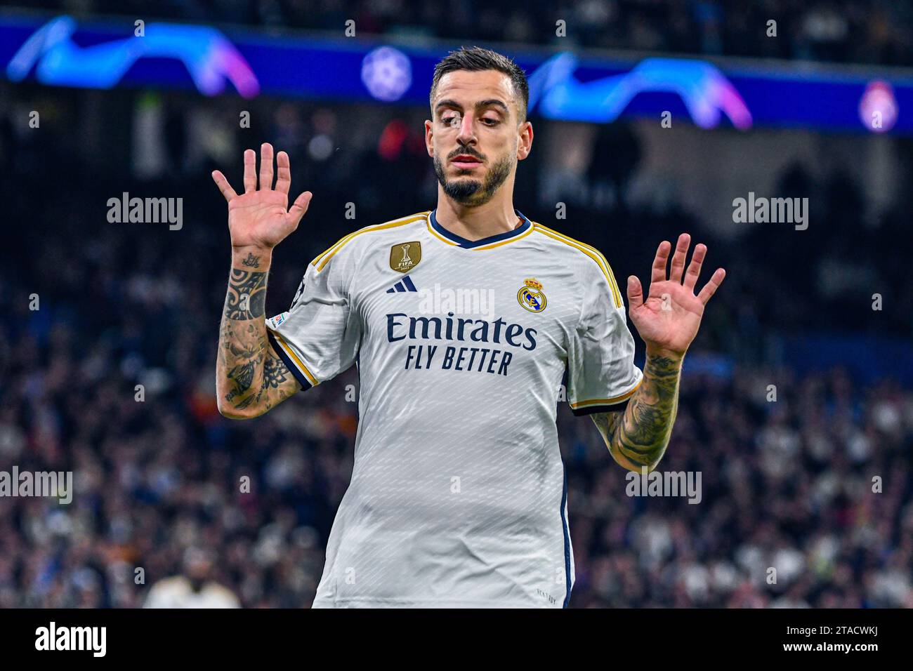 MADRID, SPAGNA - NOVEMBRE 29: Joselu Mato del Real Madrid CF reagisce dopo un errore durante la partita tra Real Madrid CF e SSC Napoles di UEFA Champions League il 29 novembre 2023 a Santiago Bernabeu a Madrid, in Spagna. (Samuel Carreño/Pximages) credito: PX Images/Alamy Live News Foto Stock