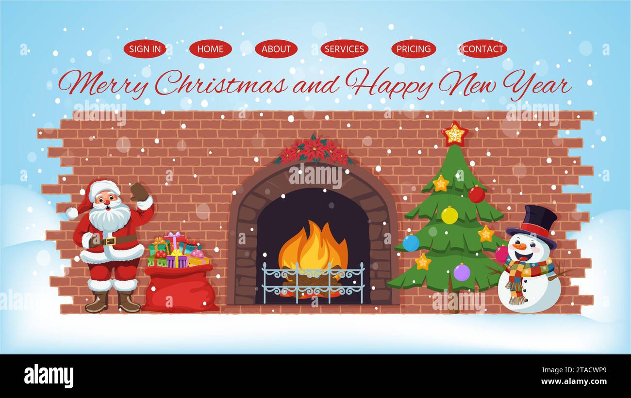 Pagina di arrivo per Natale e Capodanno con simboli natalizi. Modello di pagina Web per le vacanze invernali. Albero di Natale, Babbo Natale, pupazzo di neve, camino, neve, Illustrazione Vettoriale