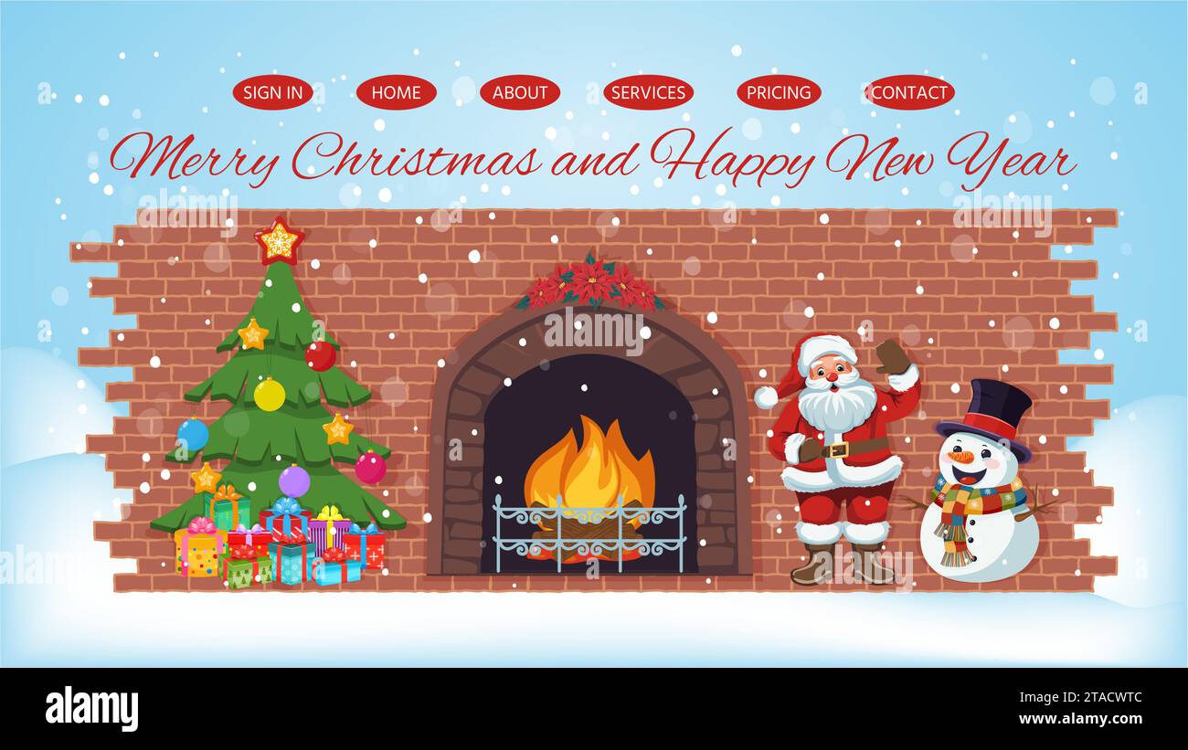Modello di pagina Web per Natale e Capodanno. Pagina di destinazione con i simboli delle vacanze invernali. Albero di Natale, Babbo Natale, pupazzo di neve, camino, neve, borsa con spirito Illustrazione Vettoriale