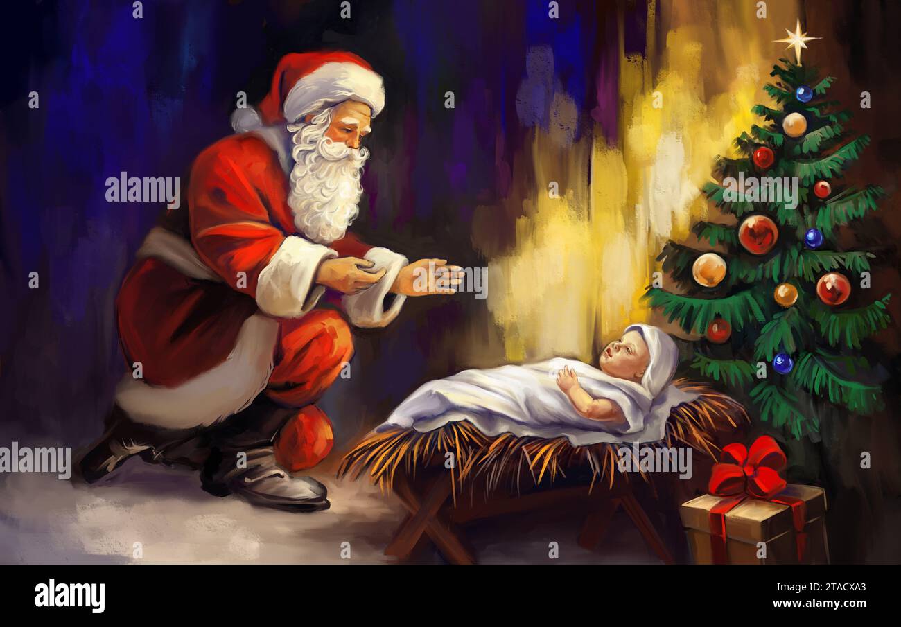 La storia di Natale. Un vero Natale. Babbo Natale si inchinò al bambino Gesù Cristo sdraiato nella mangiatoia, notte di Natale, illustrazione d'arte dipinta. Foto Stock