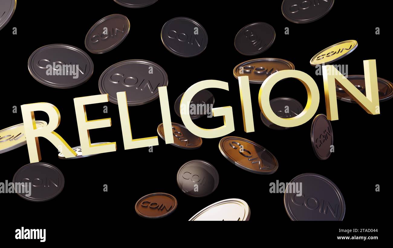 lettere di religione d'oro con monete cadenti dall'alto nel rendering 3d su sfondo nero Foto Stock